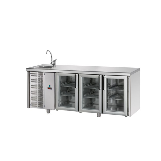 Tavolo refrigerato TN 3 porte in vetro lavello e motore a sinistra  M