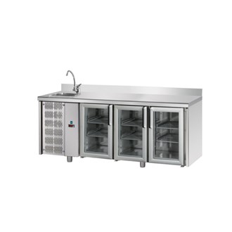 Tavolo refrigerato TN 3 porte in vetro lavello alzatina e motore a sinistra M