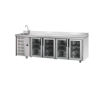 Tavolo refrigerato TN 4 porte in vetro, lavello alzatina motore a sinistra  M