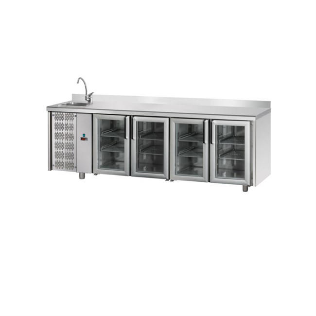 Tavolo refrigerato TN 4 porte in vetro, lavello alzatina motore a sinistra  M
