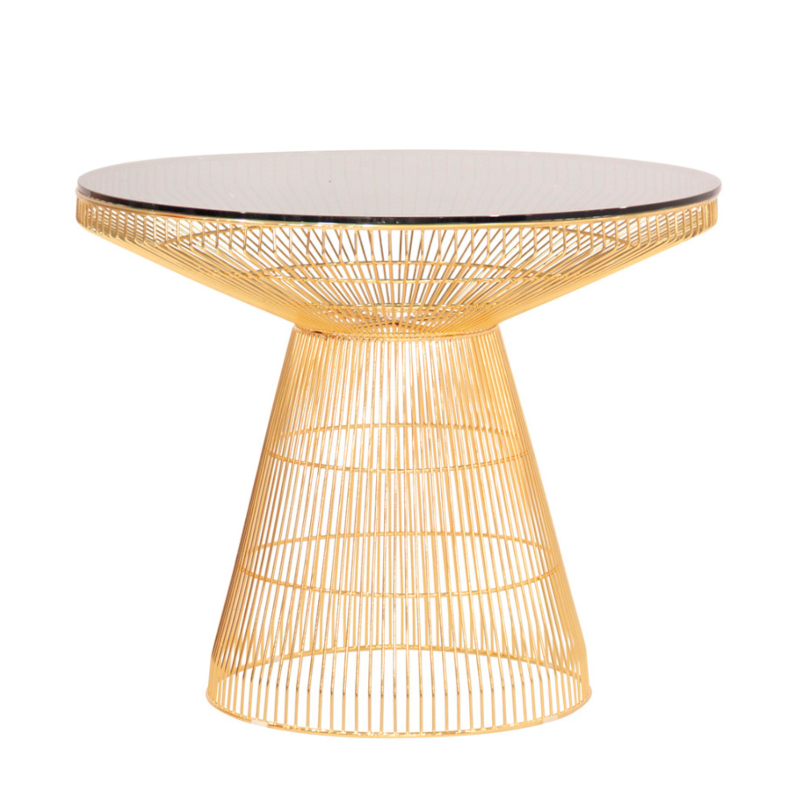 Tavolo tondo con struttura in metallo dorato piano in vetro